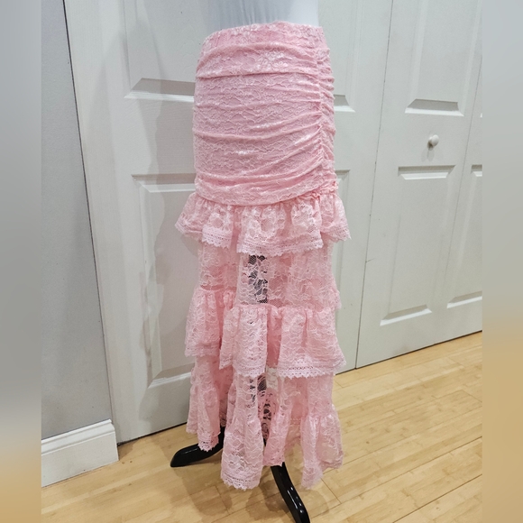 Dolls Kill Sugar Thrillz True Love Nonsense Pink Lace Maxi Tiered Bow Skirt M - Picture 5 of 12